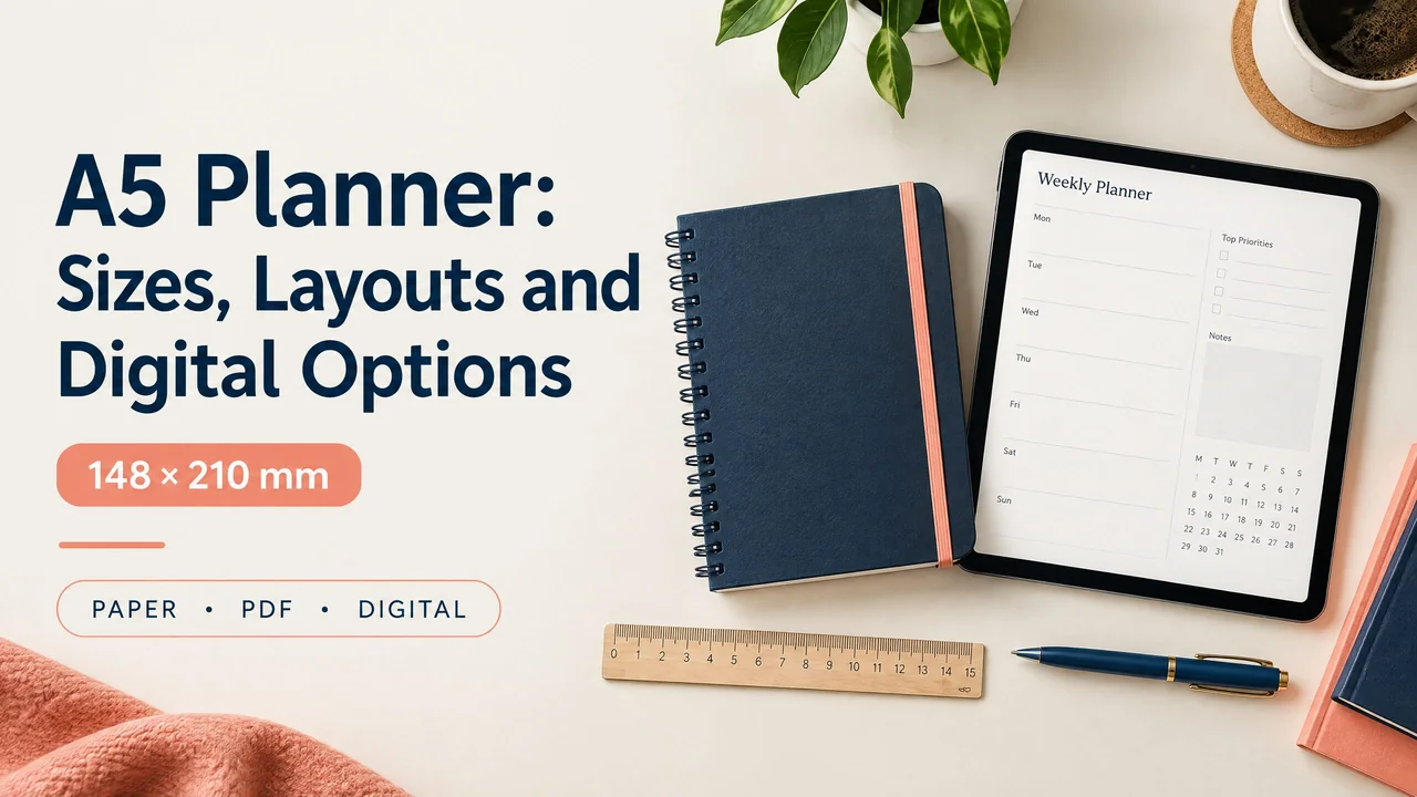 A5 planner example beside a tablet, illustrating one format in a full planner sizes comparison