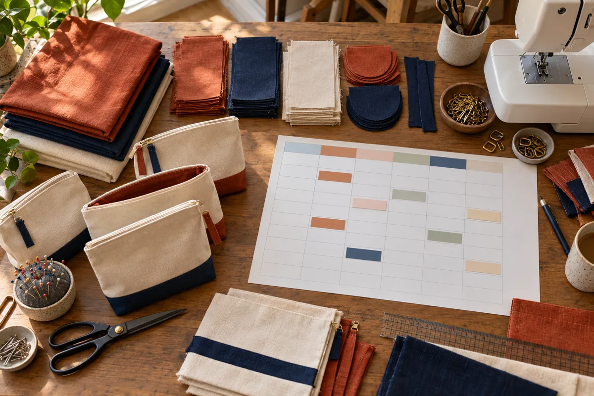 Canvas pouch materials, sewing equipment and a weekly planning sheet arranged on a workshop bench.