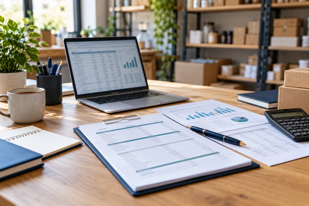 Small-business financial records, laptop and calculator on a workshop office desk